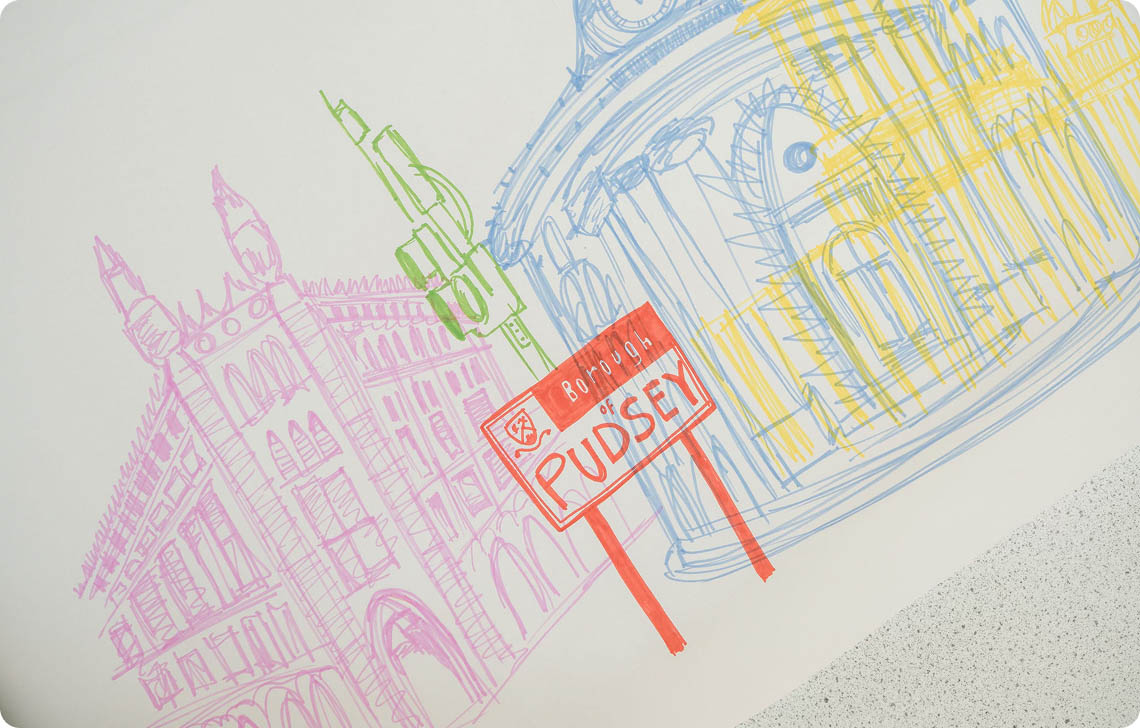 Colourful painting display with Pudsey sign post