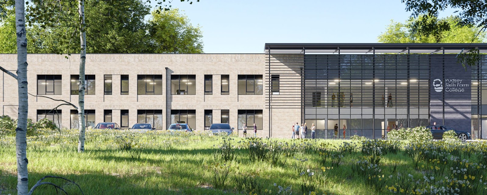 Two story brown building with cars parked outside. Sign reads Pudsey Sixth Form College.