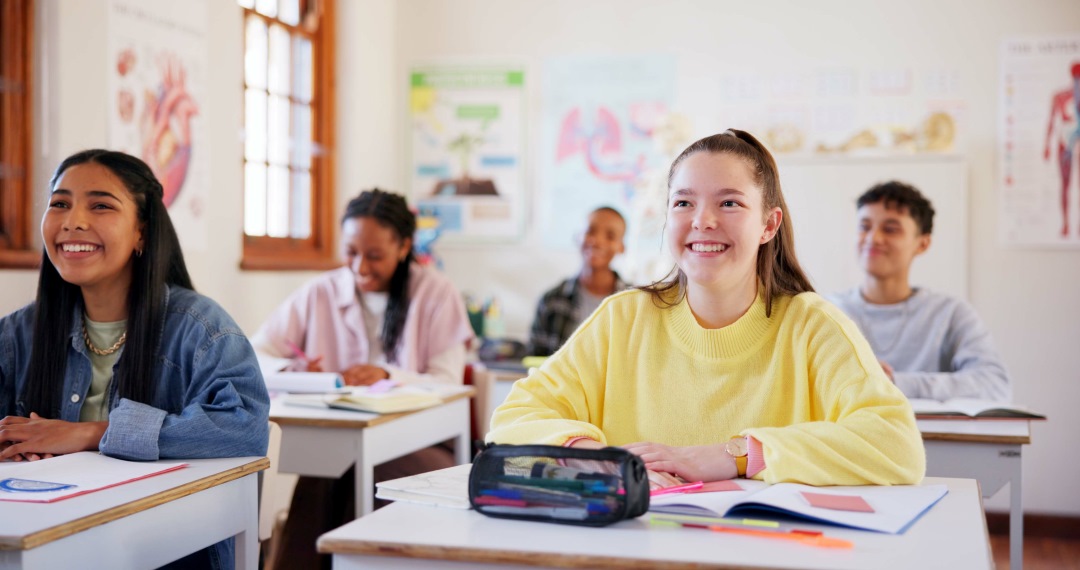 Class of learning smiling facing the teacher