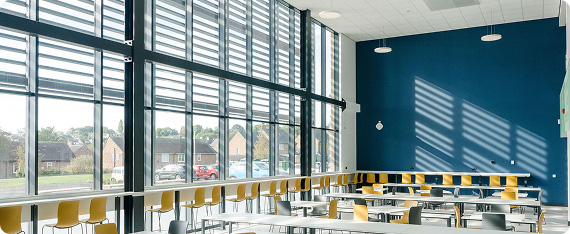 Interior building of Pudsey Sixth Form College with brise soleil installed at the front